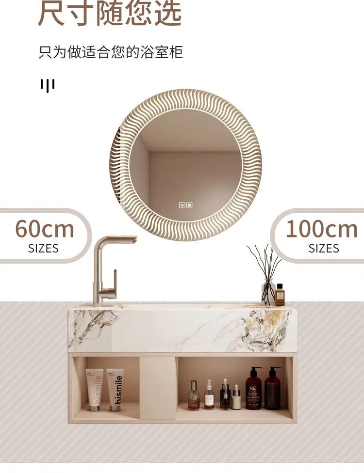Modern Bathroom Vanity Cabinet Sink Small-sized Bathroom Cabinet with Smart Round Mirror Rock Ceramic Basin Bathroom Furniture
