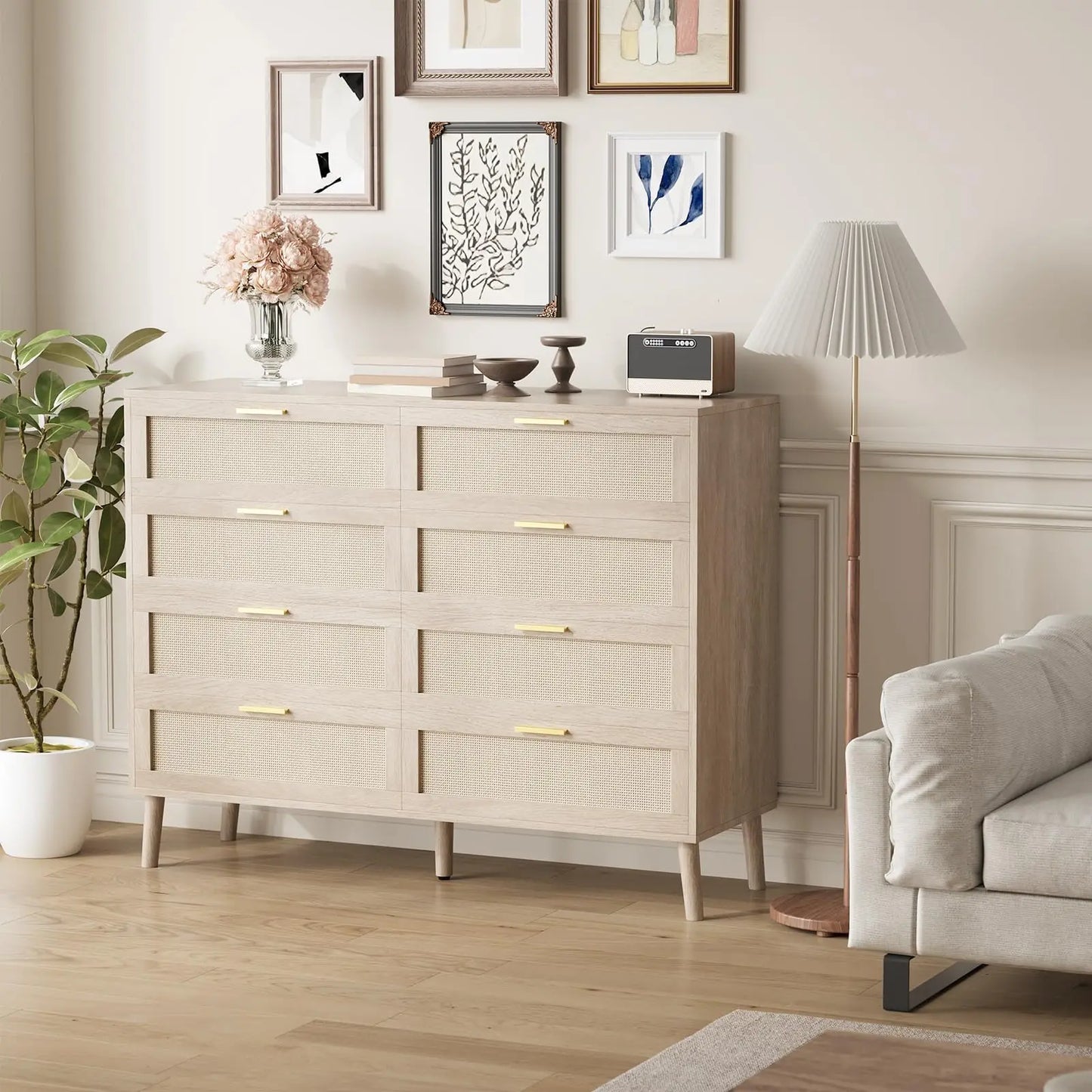 8-Drawer Rattan Dresser 47x15x37 Inch, Mid Century Modern Chest Of Drawers With Handles For Bedroom Entryway Living Room