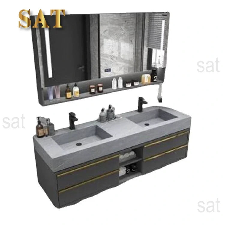 -For 60 Inch Luxury Double Sink Basin Bathroom Vanity Cabinet Home Center Bathroom Cabinet Set^