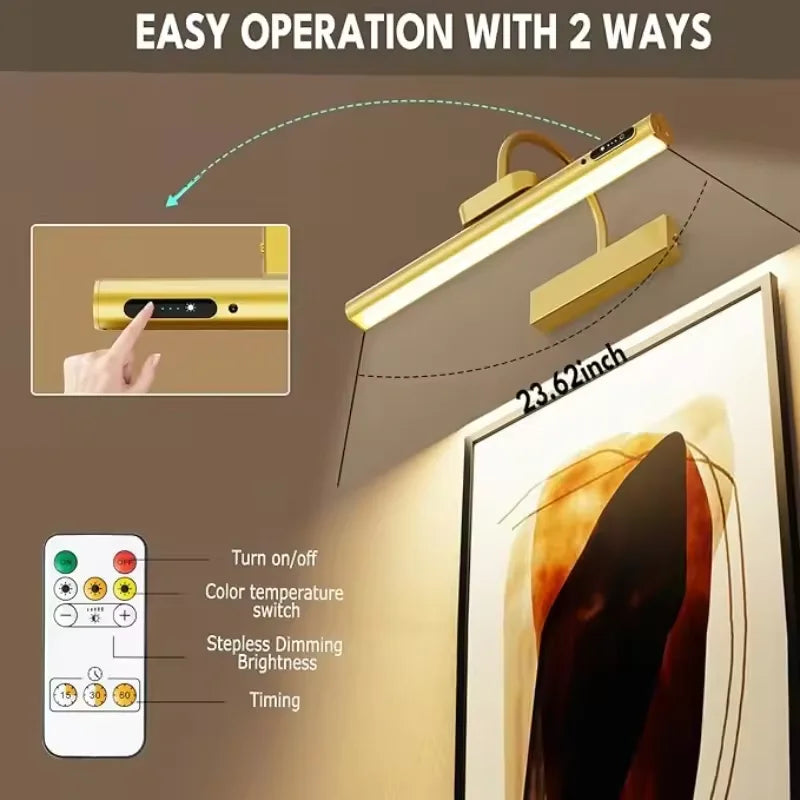 4000mAH Picture Wall Lamp LED Wireless Wall Light Tricolor Dimmable With Remote Art Display Rechargeable Battery Operated