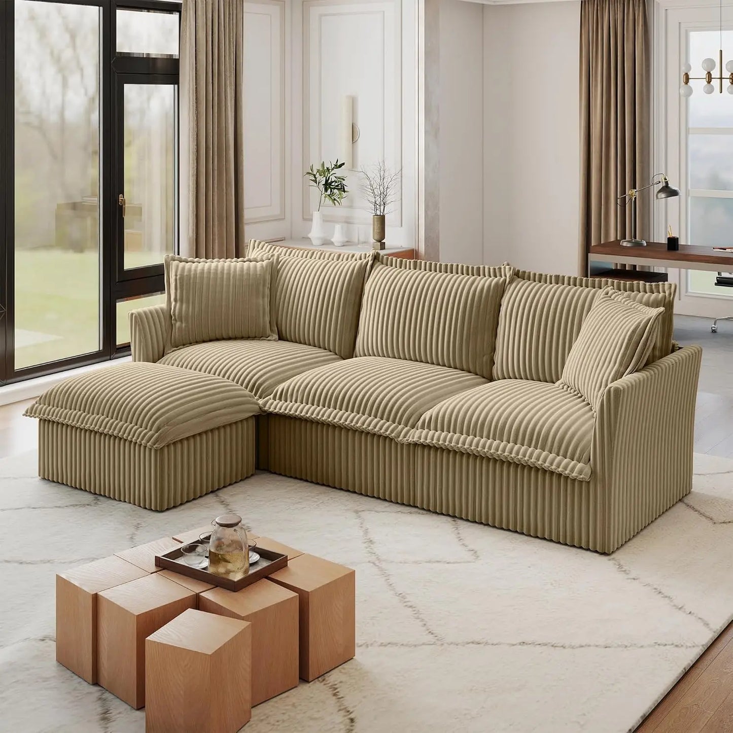 L-Shaped Modular Sectional Sofa Removable Slipcover Cloud 3-Seater Movable Ottoman Chenille Living Room Customized