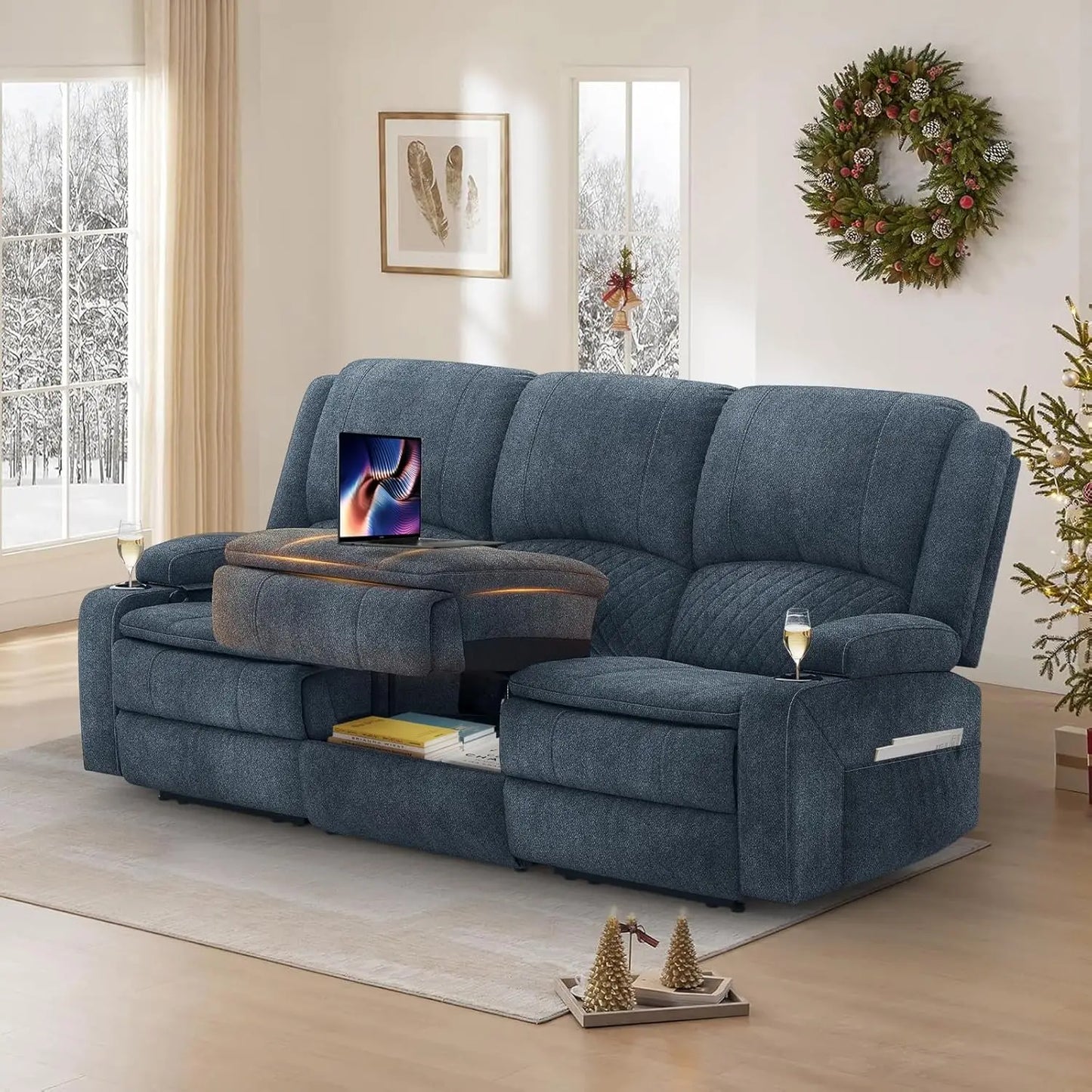 3 Seat Recliner Sofa with Console, Armrest, PU Leather, Cup Holders, USB Ports, Living Room/RV, Customized