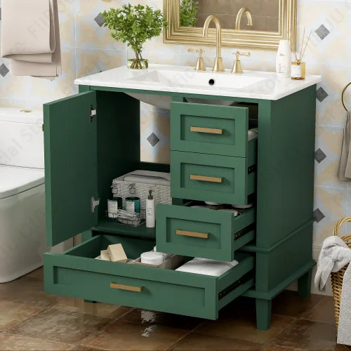 30" Bathroom Vanity with Sink Solid Wood Cabinet Waterproof Modern Storage with 3 Drawers Soft Close Door Sink Vanity Combo Set