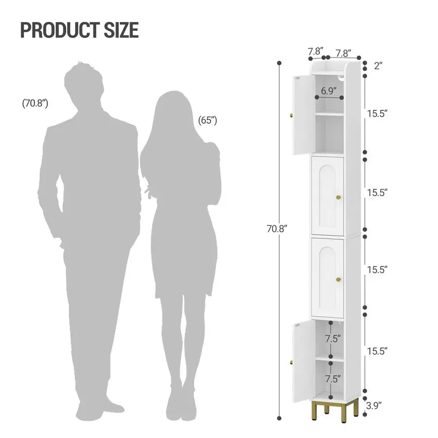 Narrow Tall Storage Cabinet, Slim Bathroom Storage Cabinet with 4 Adjustable Feet and Shelves, Bathroom Organization for Small S