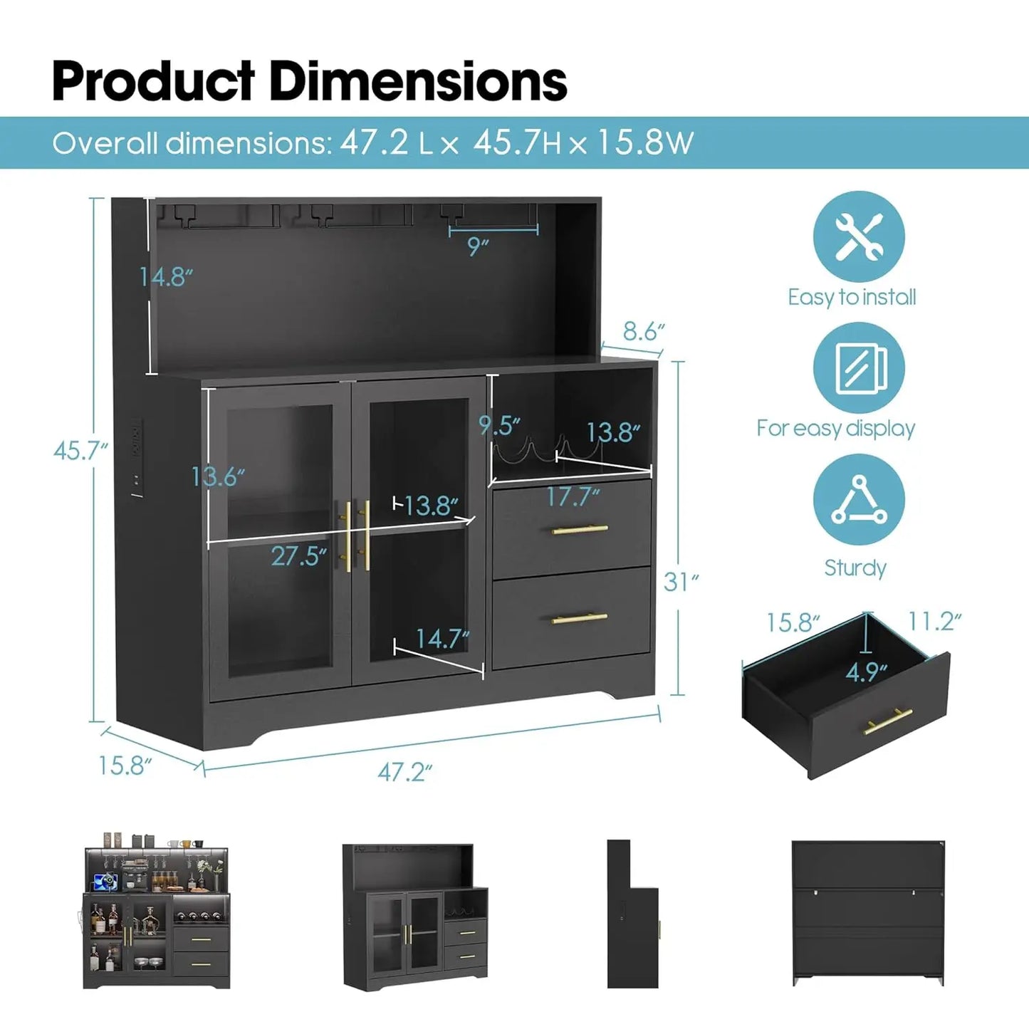 Bar Cabinet with Wine Rack, Liquor Cabinet with RGB Light, Coffee Bar Cabinets with USB Power Outlet, Home Wine, Customized