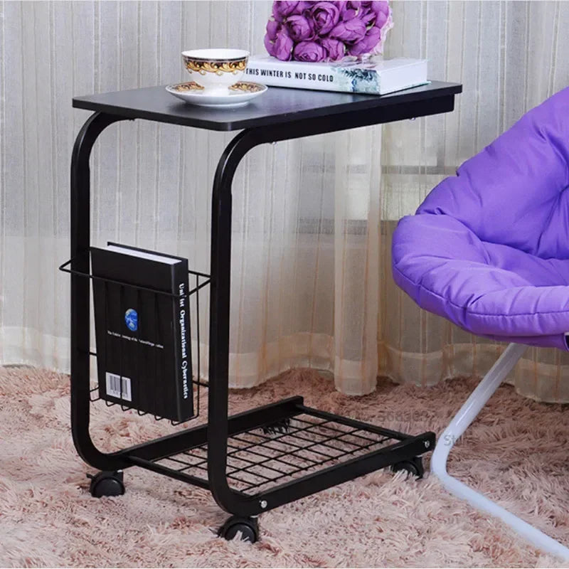 Iron Living Room Table, Movable Sofa Side Table, Corner Coffee Stand, Simple Wheel-Based Lazy Table, Mobile Furniture, 2-Layer