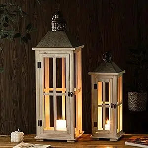 Large Rustic Wooden Decorative Lantern Set of 2, Modern Farmhouse Distressed Whitewash Floor Candle Lanterns, Indoor/Outdoor Han