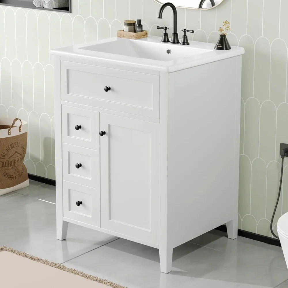 White 24 Inch Bathroom Vanity with Sink Combo Solid Wood Storage Cabinet 3 Drawers Tip Out Door Soft Close Adjustable Shelves