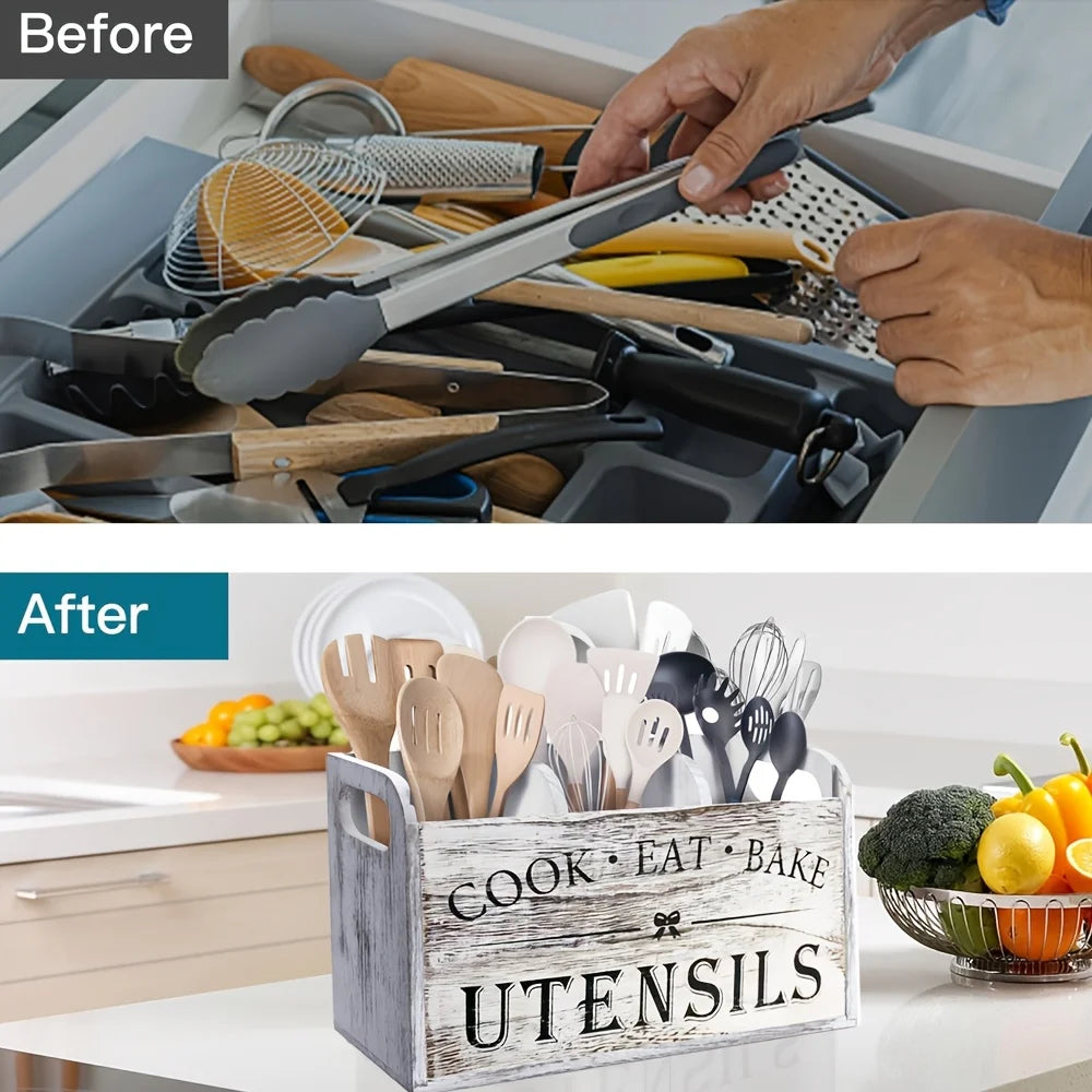 Kitchen Utensils Holder with 3 Compartments, Wooden Utensil Organizer for Kitchen Countertop, Farmhouse Kitchen Decor