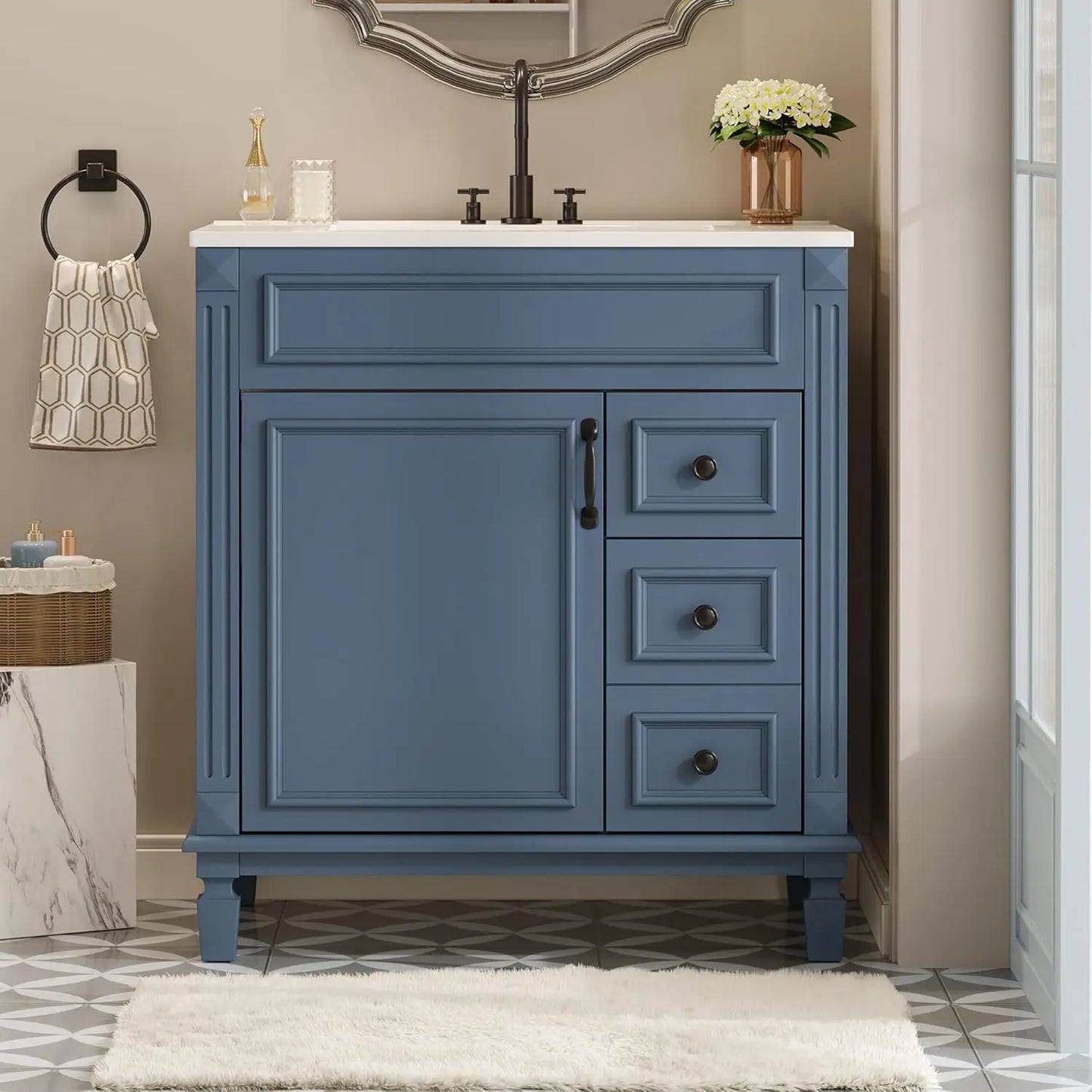 30" Bathroom Vanity with Sink Modern Storage Cabinet Single Sink Door Two Drawers Solid Wood Frame, Customized