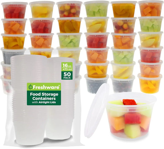 50-Pack 16 oz BPA-Free Plastic Food Containers with Lids, Leakproof and Microwave/Dishwasher/Freezer Safe for Meal Prep