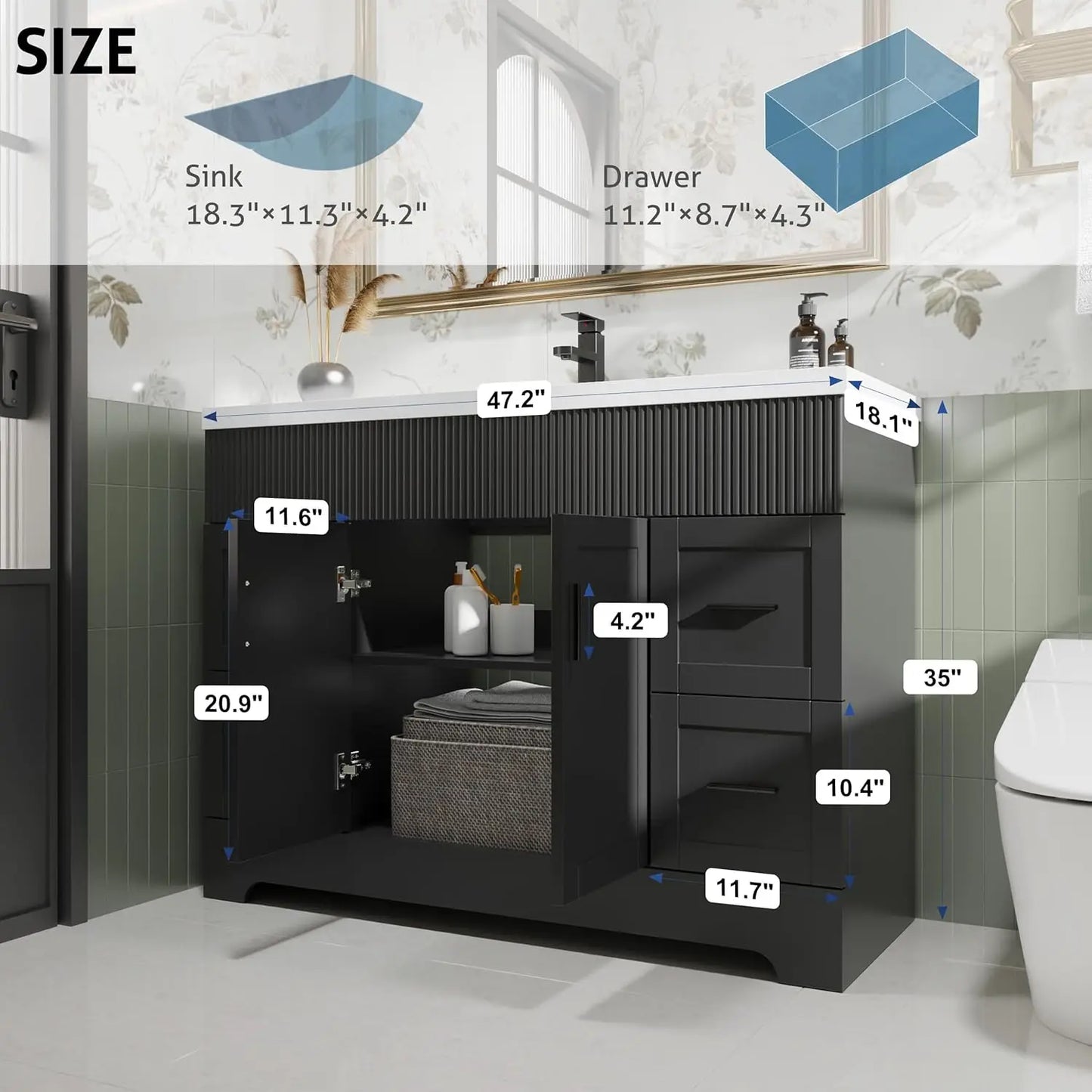 48" Bathroom Vanity Sink Combo Matte Black Painted Surface Modern Cabinet Undermount Single Sink Faucet Drain Customized
