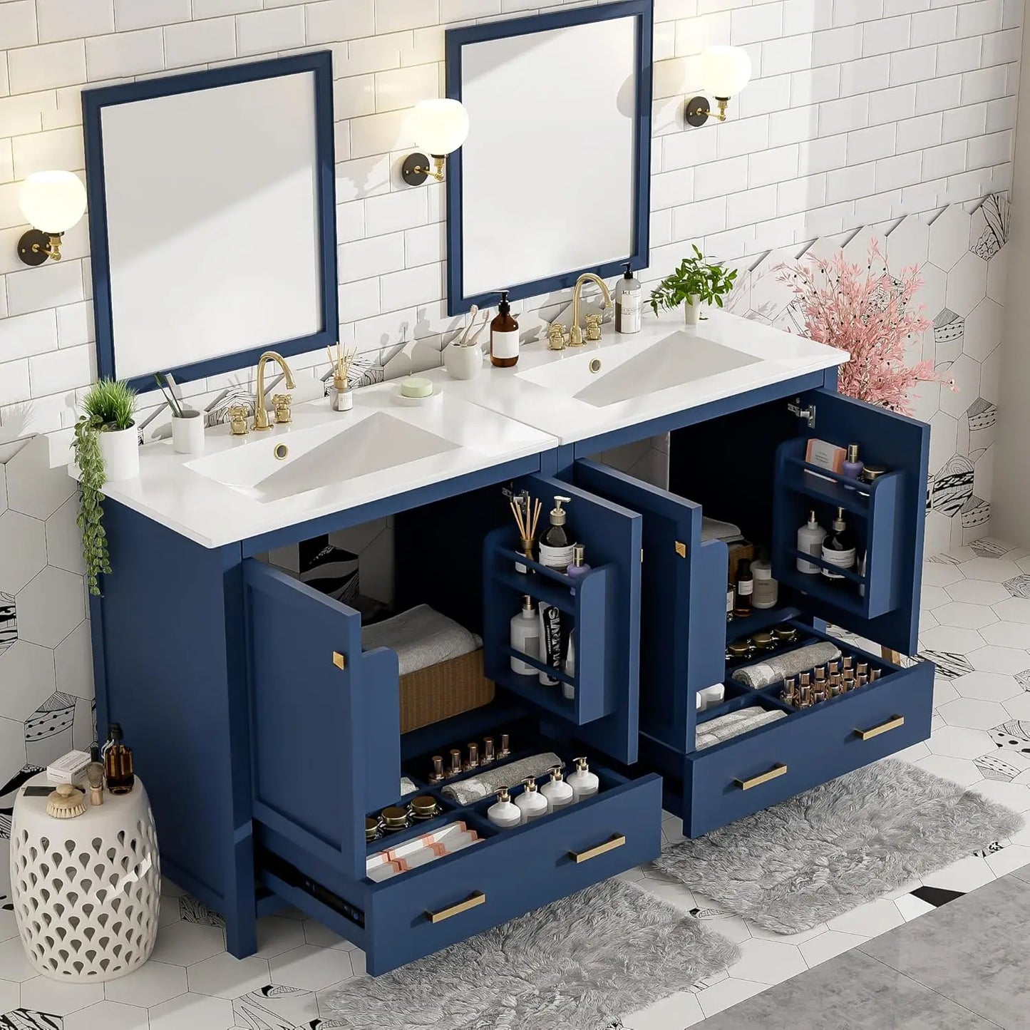 60" Double Sink Bathroom Vanity Solid Wood Cabinet Storage Drawers Racks Black, Customized