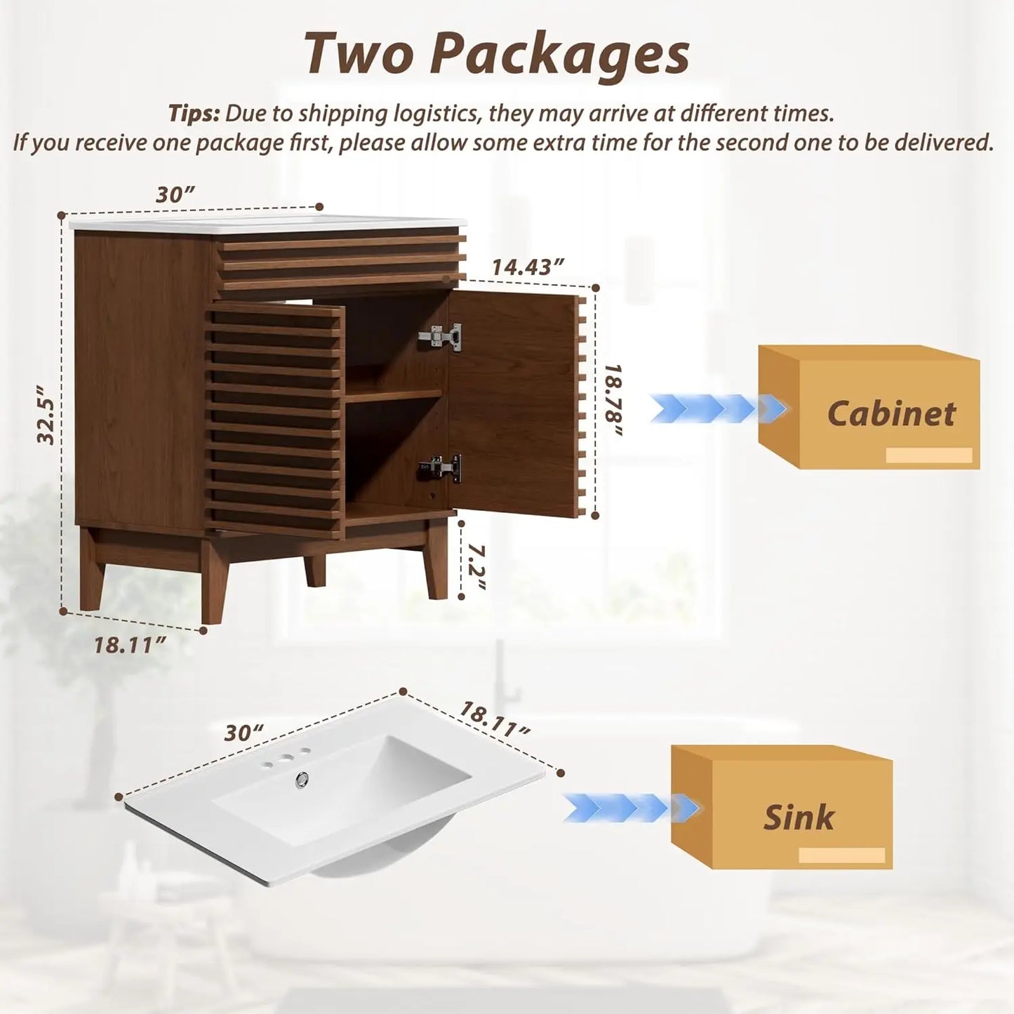 30" Mid-Century Bathroom Vanity Cabinet Ceramic Sink Soft Close Doors Freestanding Particleboard Wood Grain Walnut Customized