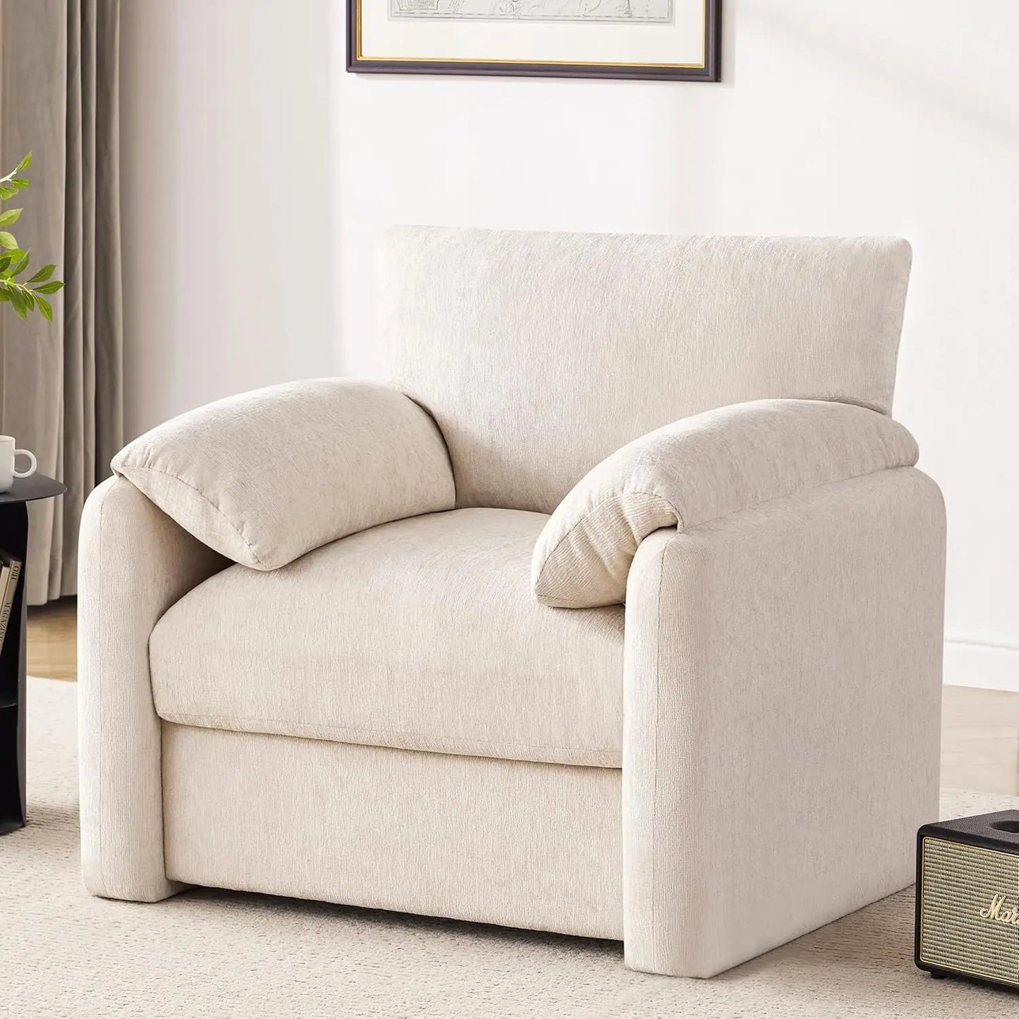 38.6in Chenille Oversized Armchair Mid-Century Upholstered Lounge Reading Chair Living Room Bedroom Beige Customized