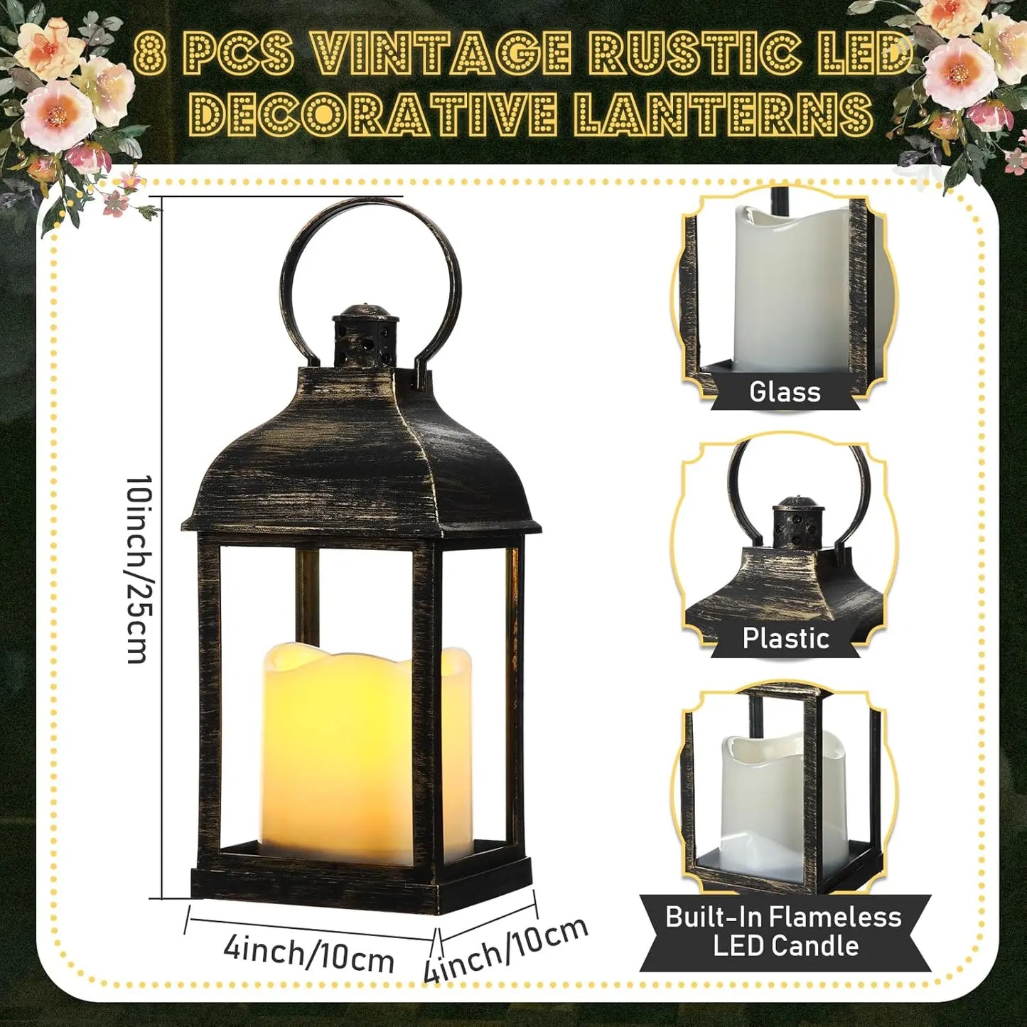 8 Pcs 10 Inch Dark Bronze Decorative Candle Lantern Bulk for Wedding Centerpieces Bronze Lanterns with LED Flameless Candle Indo