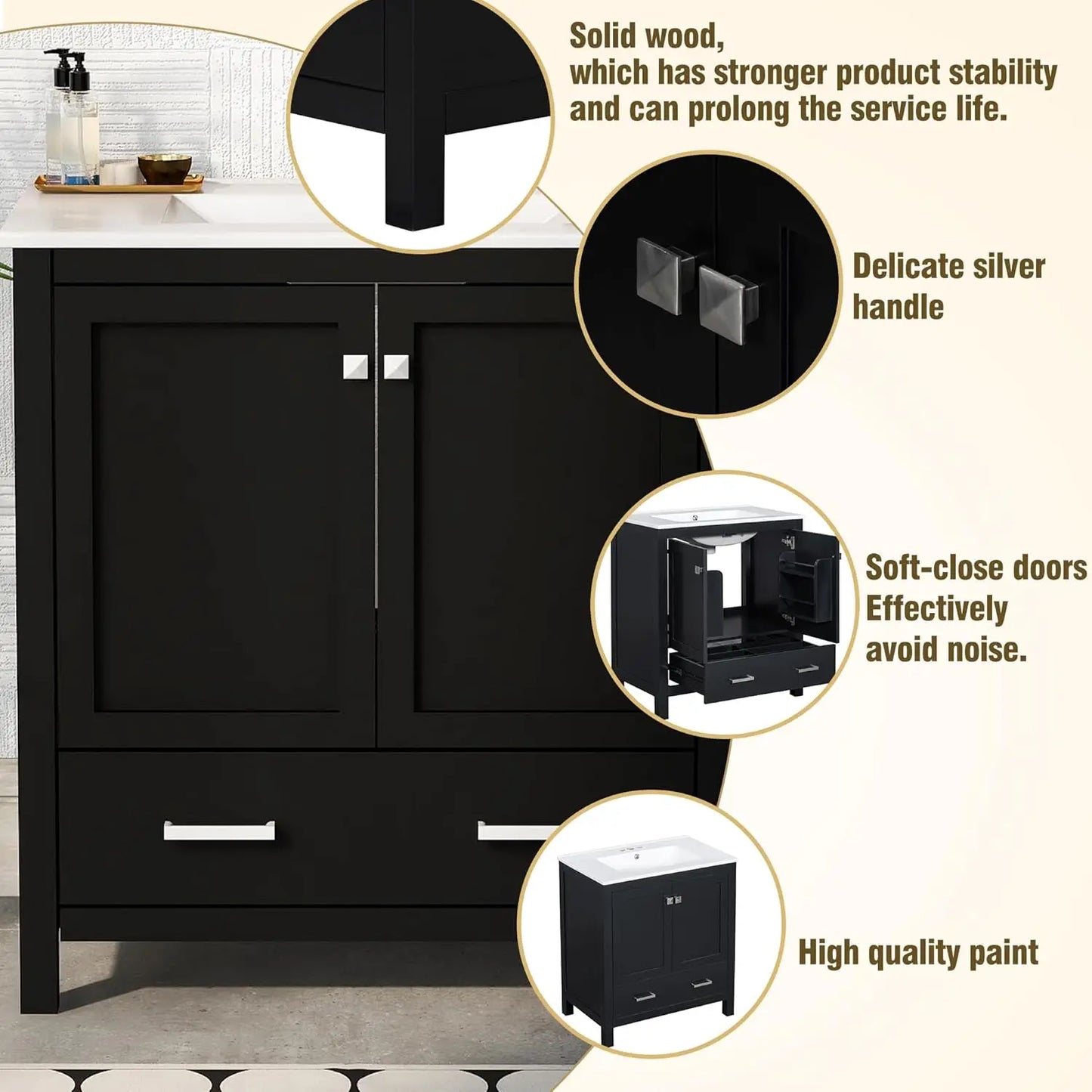 60" Double Sink Bathroom Vanity Solid Wood Cabinet Storage Drawers Racks Black, Customized