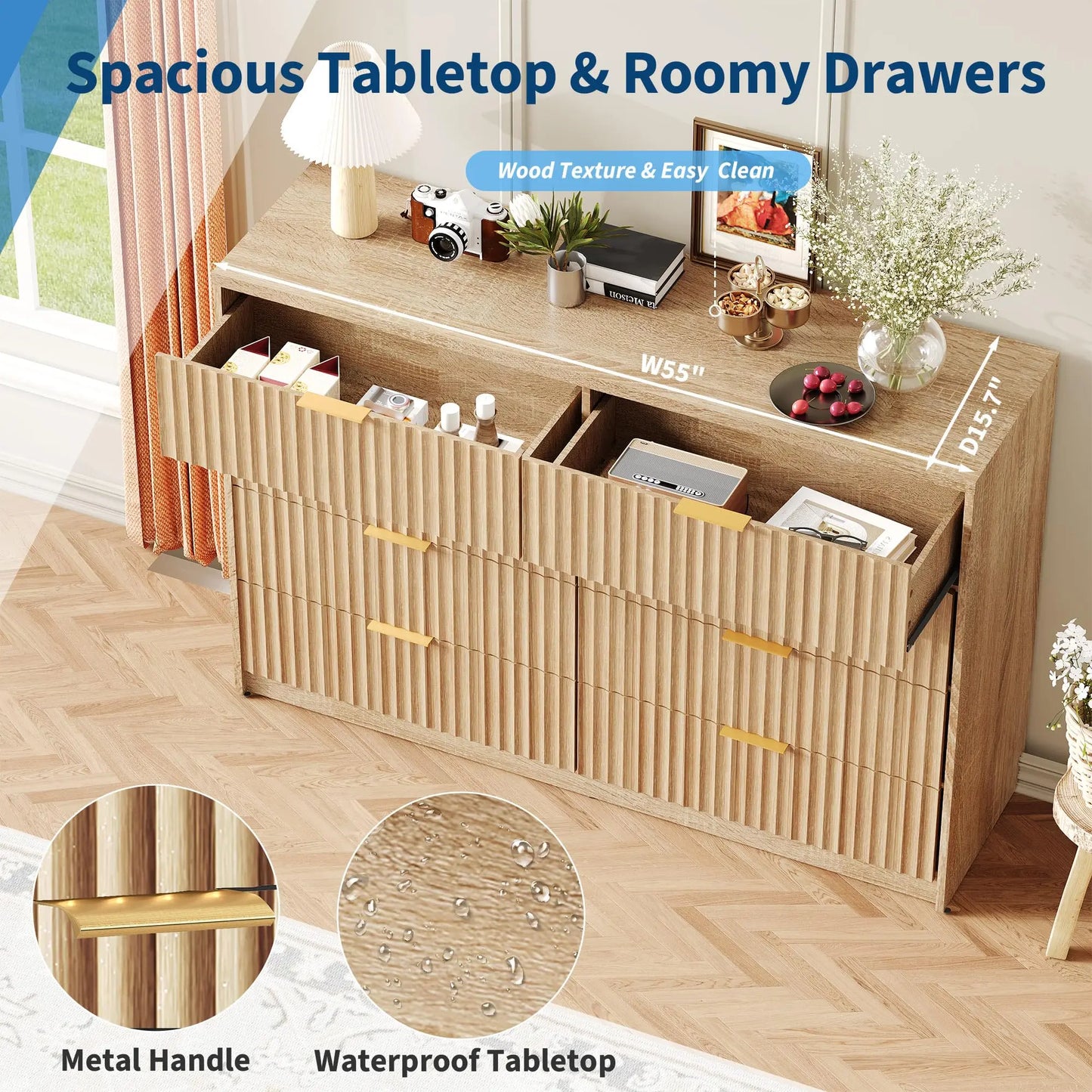 Fluted 8-Drawer Dresser With Wall Anchor, Anti-Tip Modern Chest Of Drawers, Double Dresser For Bedroom, Living Room, Entryway