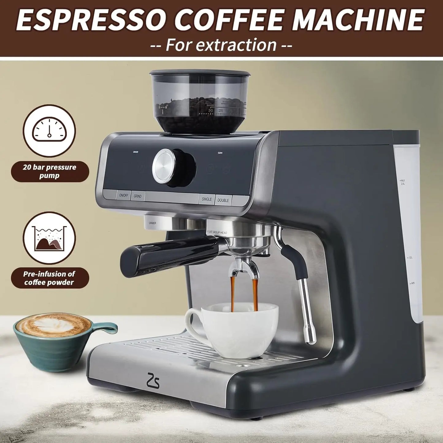 20 Bar Semi-Automatic Coffee Machine Built-in Bean Grinder & Steam Wand 2.8L Removable Water Tank Professional Home Cappuccino