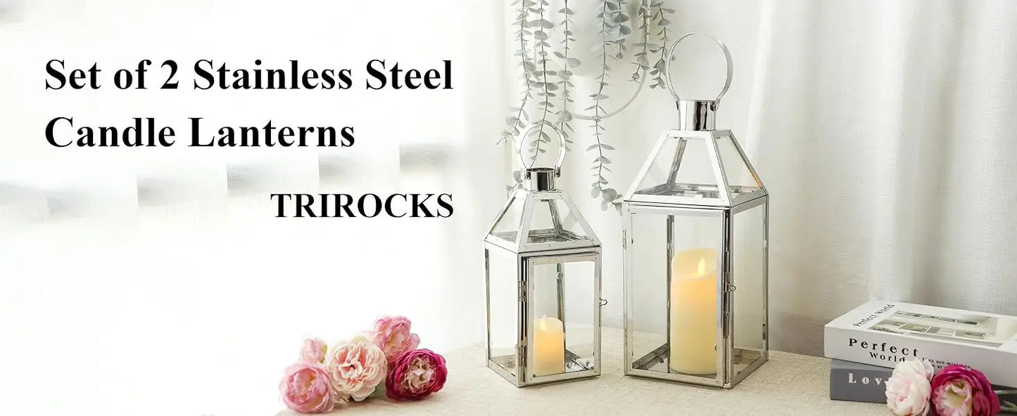 Set of 2 Stainless Steel Decorative Lanterns 13"&10" H Metal Candle Holders with Tempered Glass for Home Decor Living Room Parti