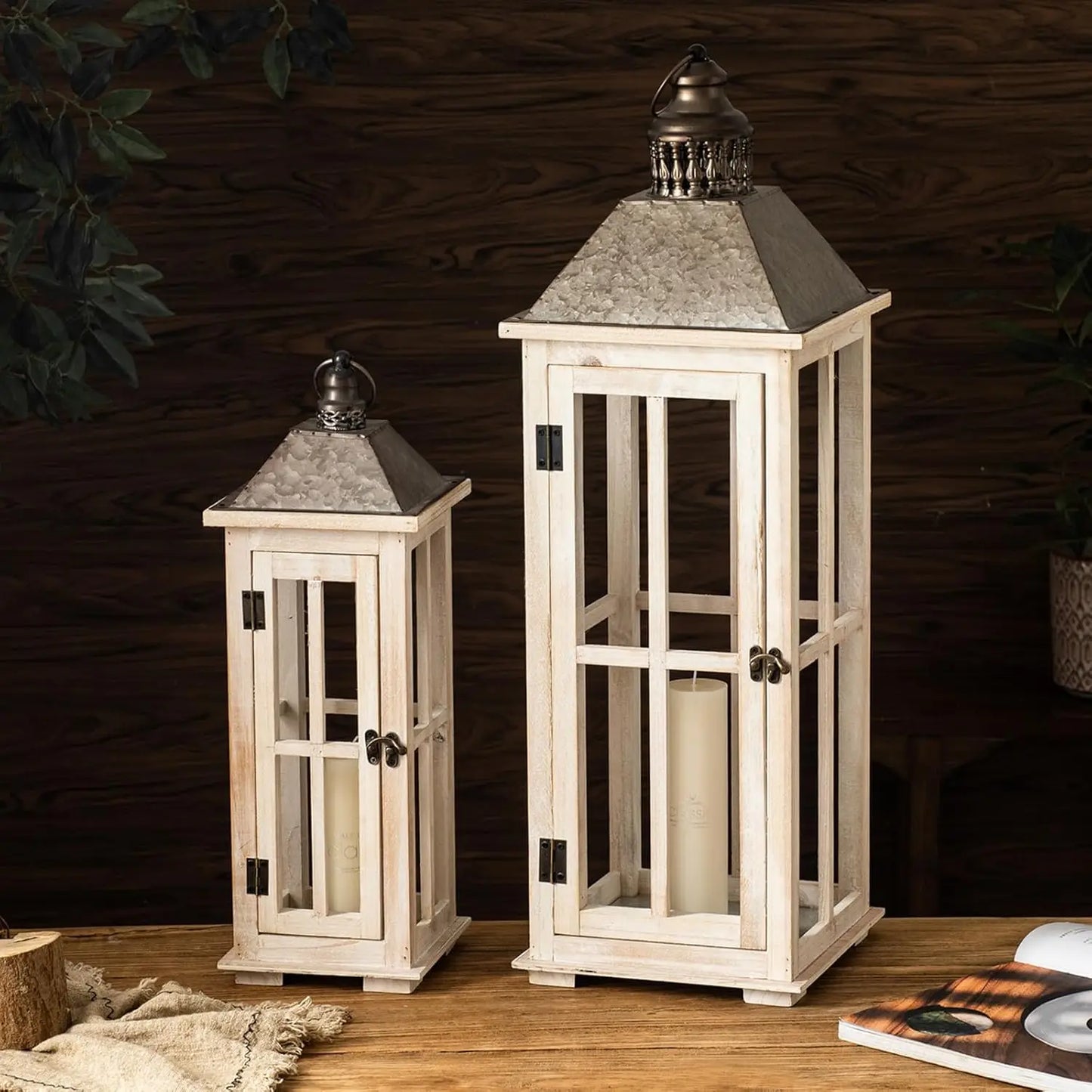 Large Rustic Wooden Decorative Lantern Set of 2, Modern Farmhouse Distressed Whitewash Floor Candle Lanterns, Indoor/Outdoor Han