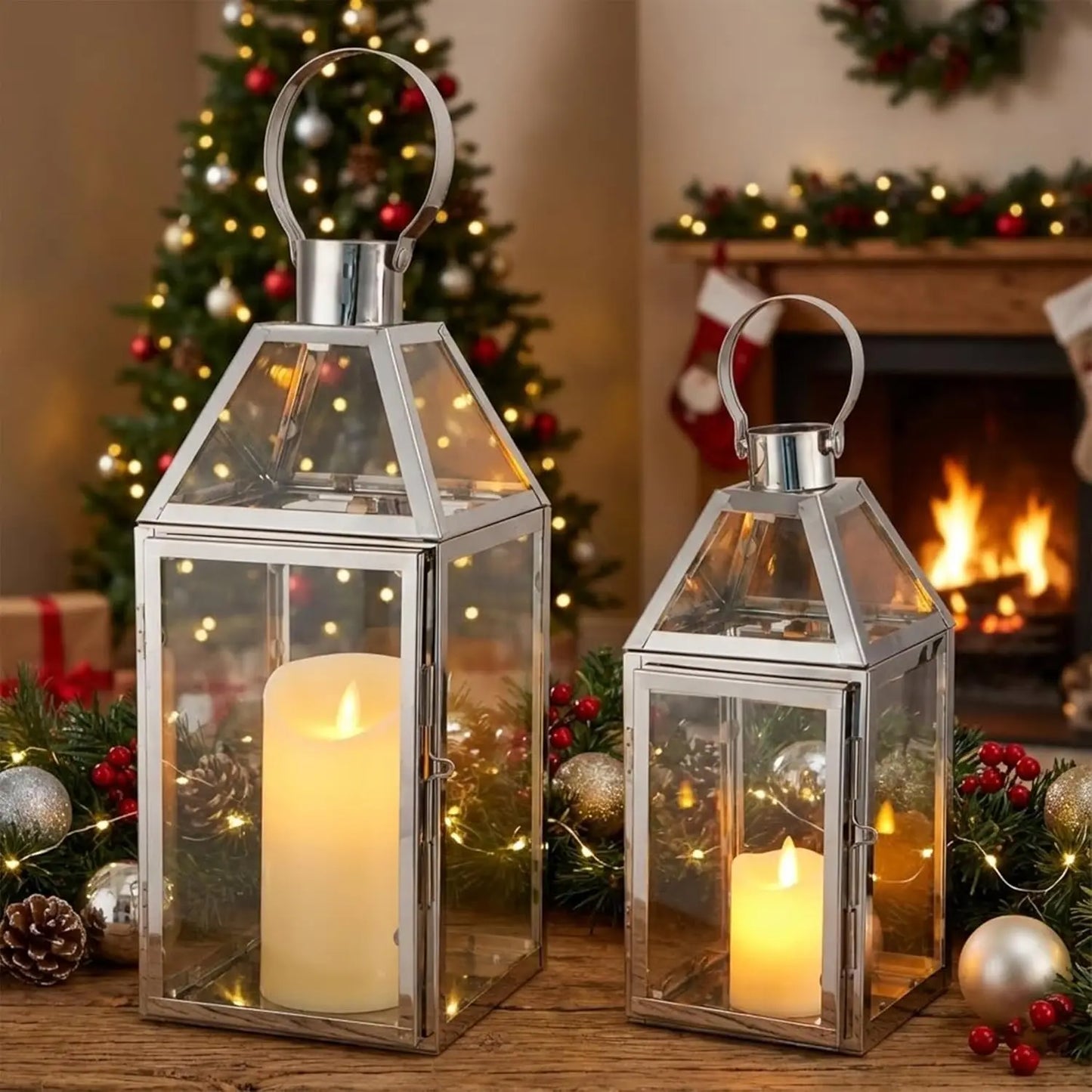 Set of 2 Stainless Steel Decorative Lanterns 13"&10" H Metal Candle Holders with Tempered Glass for Home Decor Living Room Parti