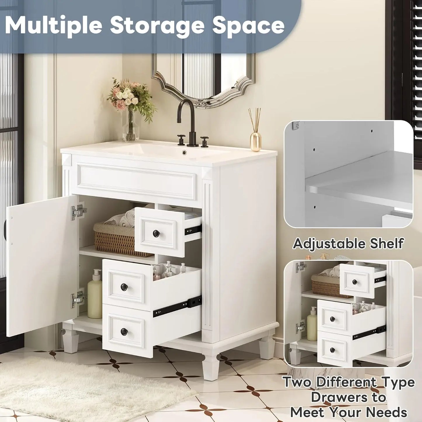 30" Bathroom Vanity with Sink Modern Storage Cabinet Single Sink Door Two Drawers Solid Wood Frame, Customized