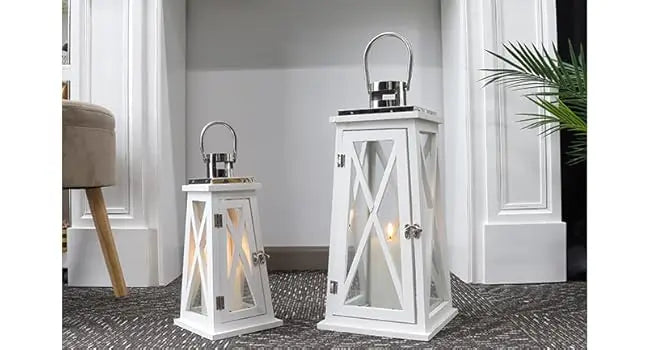 Set of 2 Farmhouse Wood Candle Lantern 22'' &15.5'' H Decorative Candle Holders with Tempered Glass Rustic Hanging Lantern for G
