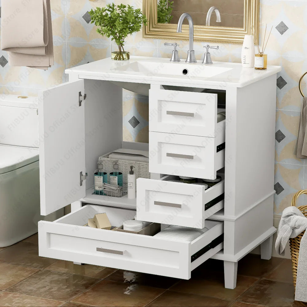 30" Bathroom Vanity with Sink Solid Wood Cabinet Waterproof Modern Storage with 3 Drawers Soft Close Door Sink Vanity Combo Set