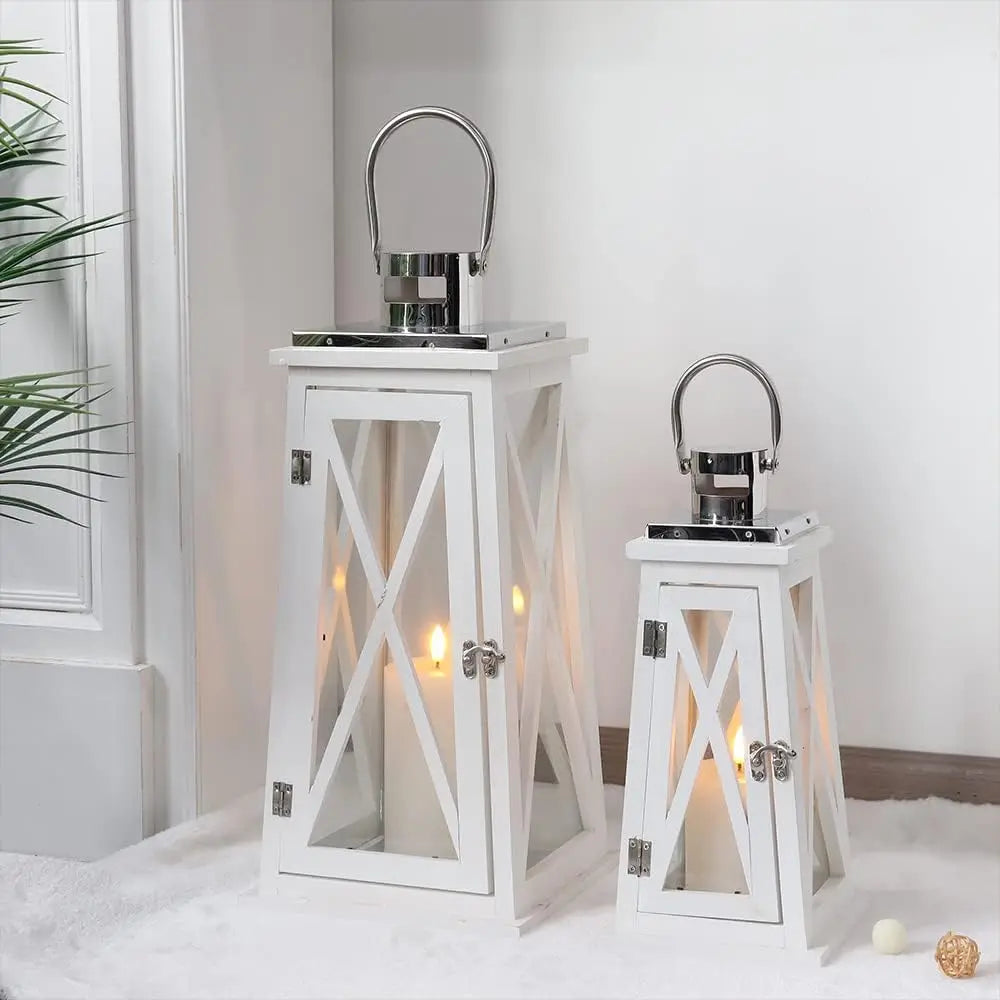 Set of 2 Farmhouse Wood Candle Lantern 22'' &15.5'' H Decorative Candle Holders with Tempered Glass Rustic Hanging Lantern for G