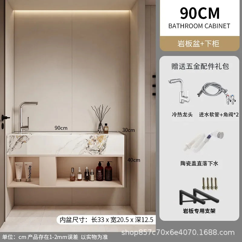 Modern Bathroom Vanity Cabinet Sink Small-sized Bathroom Cabinet with Smart Round Mirror Rock Ceramic Basin Bathroom Furniture