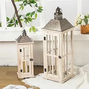 Large Rustic Wooden Decorative Lantern Set of 2, Modern Farmhouse Distressed Whitewash Floor Candle Lanterns, Indoor/Outdoor Han