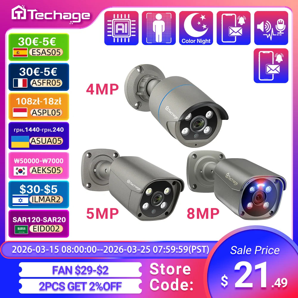 Techage 4MP 5MP 4K Security Metal POE IP Camera H.265 Outdoor Two Way Audio Video Surveillance AI IP Camera for NVR System