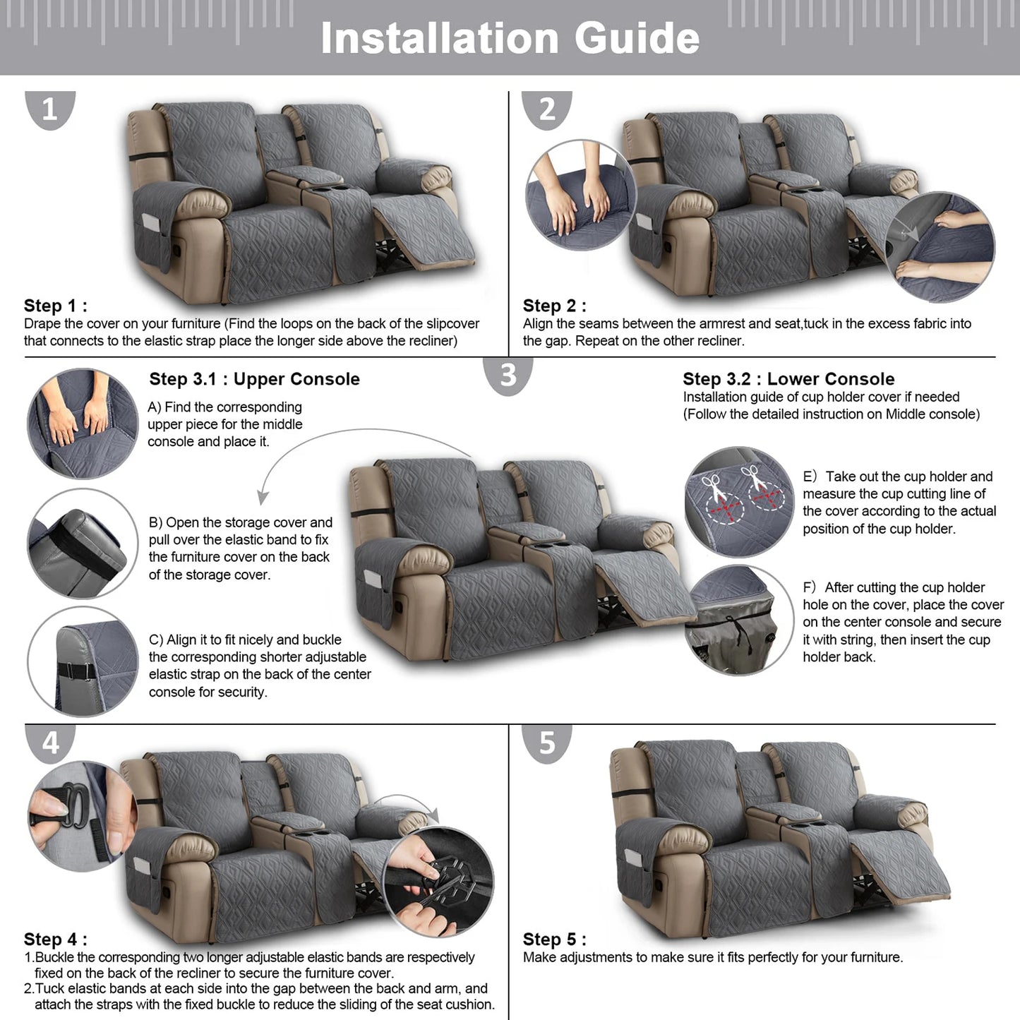 Recliner Slipcover With Center Console 100% Waterproof Pet Cover For Recliner With Straps For Bedroom Office Home Decor
