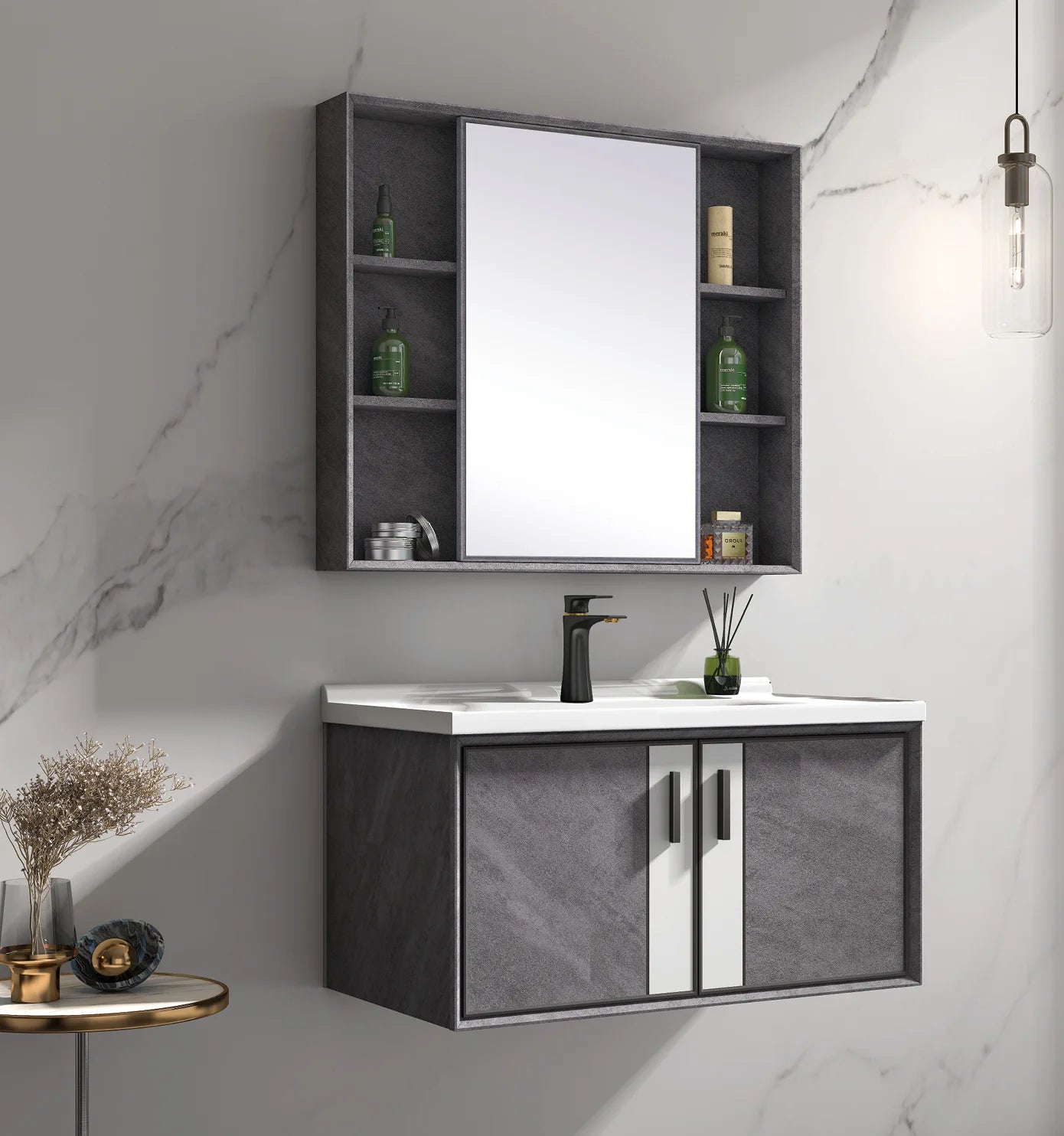 Modern Design Gray PVC Bathroom Vanity Cabinet Framed Mirror Wall-Mounted for  Villas Hotels Includes Wash Basin