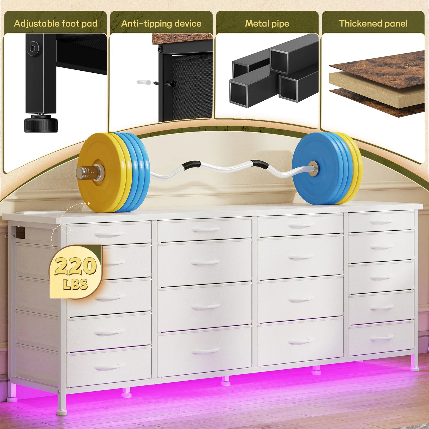 Large Capacity 63 Inch Dresser with 18 Deep Drawers LED Lighting and Built In Power Hub for Bedroom Living Room or Hallway