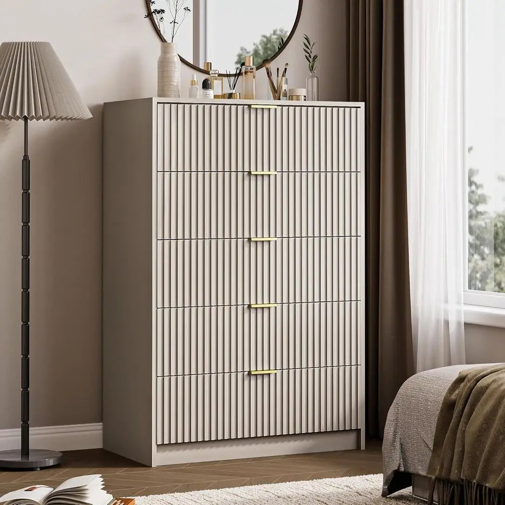 Bedroom Tall Chest with Gold Handles, 32in Wide Nightstand, Suitable for Bedrooms, Living Rooms, Offices, and Entryways, Beige
