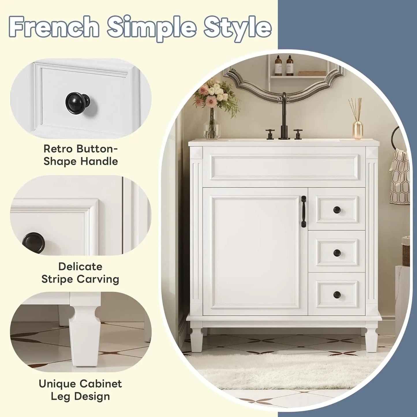30" Bathroom Vanity with Sink Modern Storage Cabinet Single Sink Door Two Drawers Solid Wood Frame, Customized