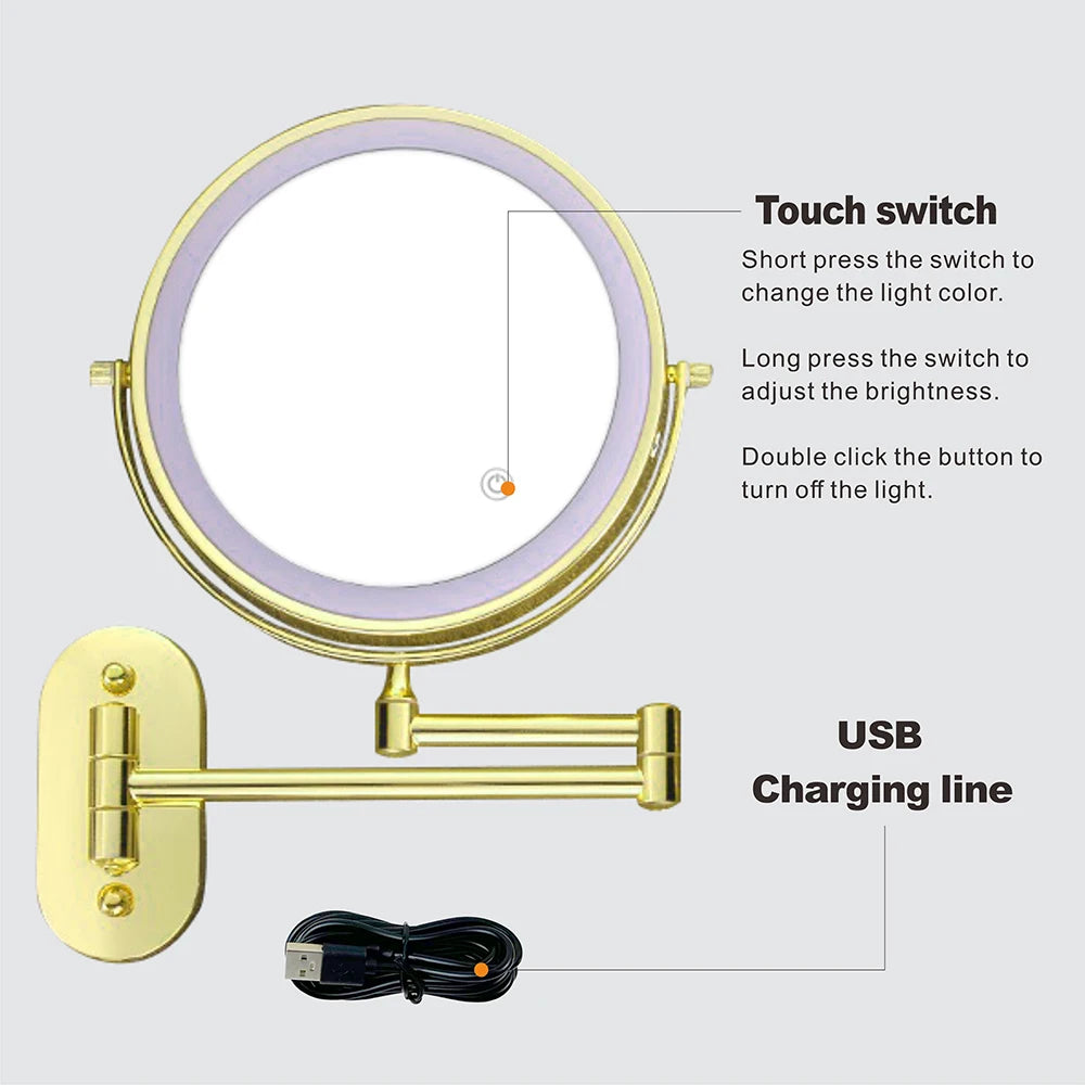8 inch Makeup Mirror Matte Gold 3x/5x/7x/10x Magnifying Double Side USB Charging Bathroom 3 color light Cosmetic Mirrors