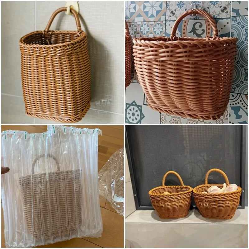Kitchen Storage Basket with Handle Woven Hanging Baskets for Living Room Fruit Sundries Organizer Home Decor Hand-woven Baskets
