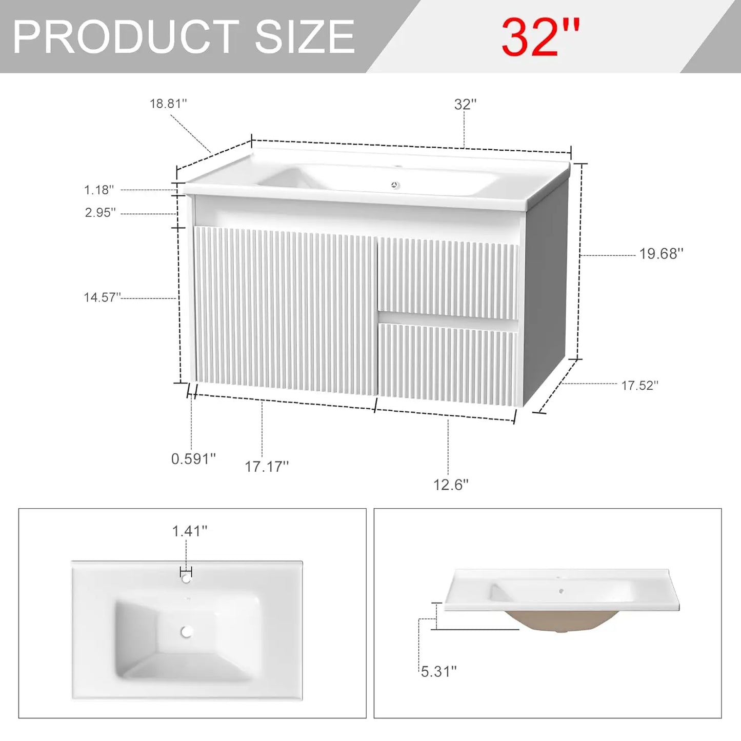 32" Wall Mounted Bathroom Vanity with Sink, Soft-Close Drawers, Wave-Carved Door, Ceramic Top, Customized