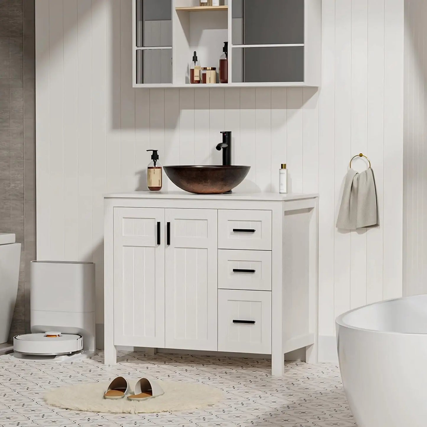 36" Bathroom Vanity Sink Combo Modern Freestanding Cabinet Soft Closing Doors Drawers Vessel Top Faucet Pop Up Drain Customized