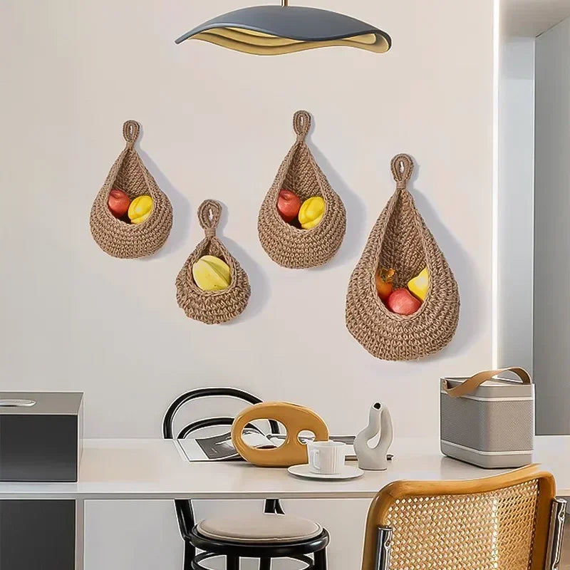 Handwoven Hanging Wall Fruit Vegetable Basket Organizer Container Decor for Kitchen Garden Mount Wall Flower Plant Onion Storage