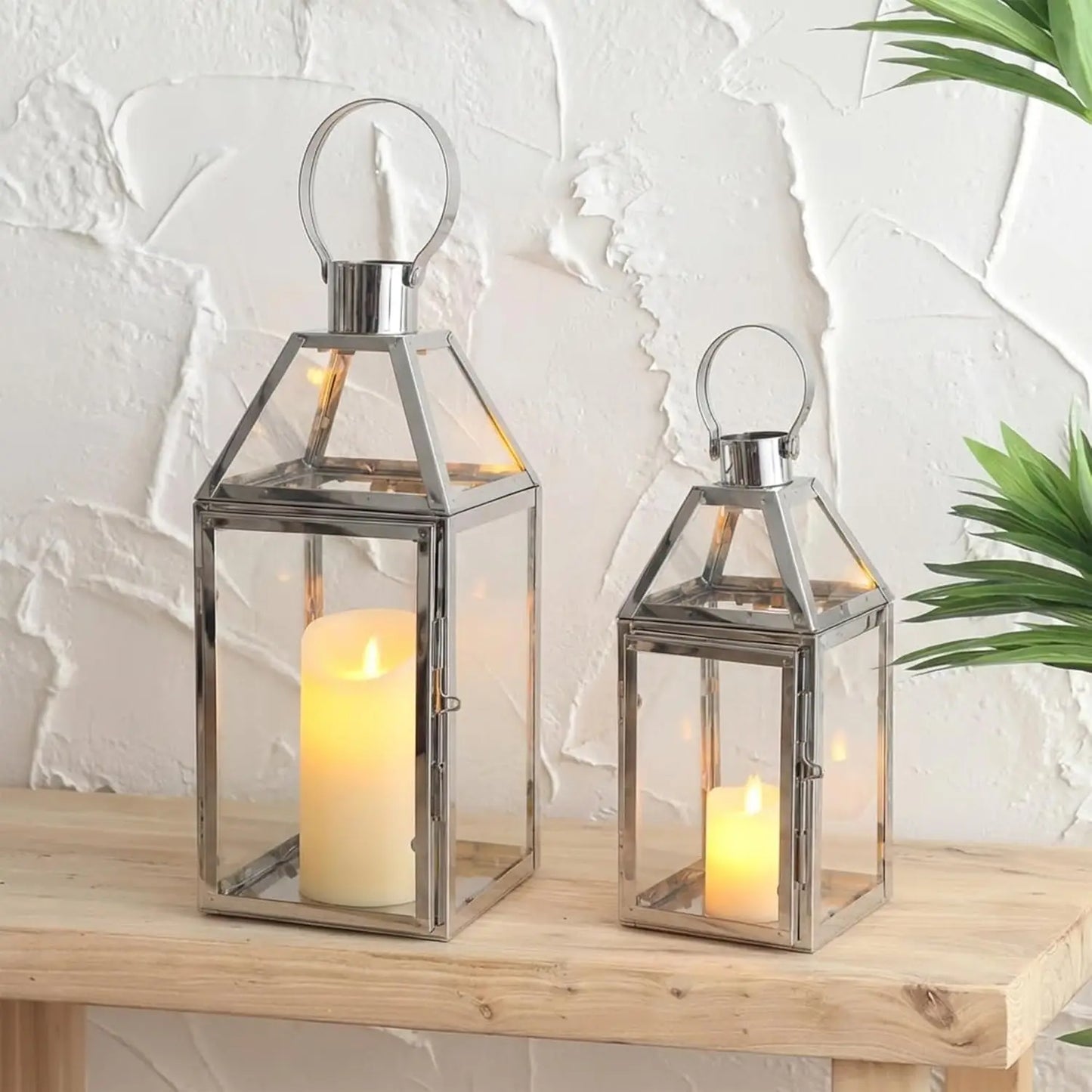 Set of 2 Stainless Steel Decorative Lanterns 13"&10" H Metal Candle Holders with Tempered Glass for Home Decor Living Room Parti