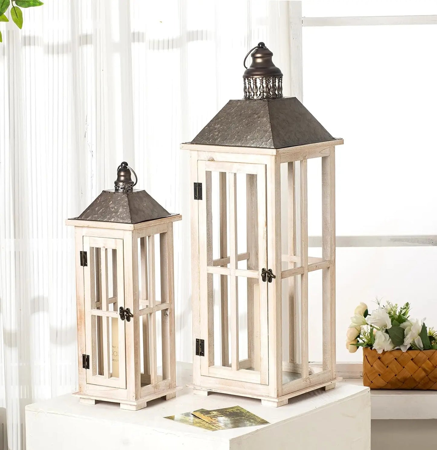 Large Rustic Wooden Decorative Lantern Set of 2, Modern Farmhouse Distressed Whitewash Floor Candle Lanterns, Indoor/Outdoor Han