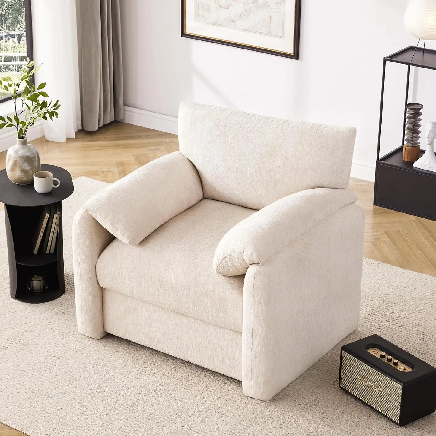38.6in Chenille Oversized Armchair Mid-Century Upholstered Lounge Reading Chair Living Room Bedroom Beige Customized