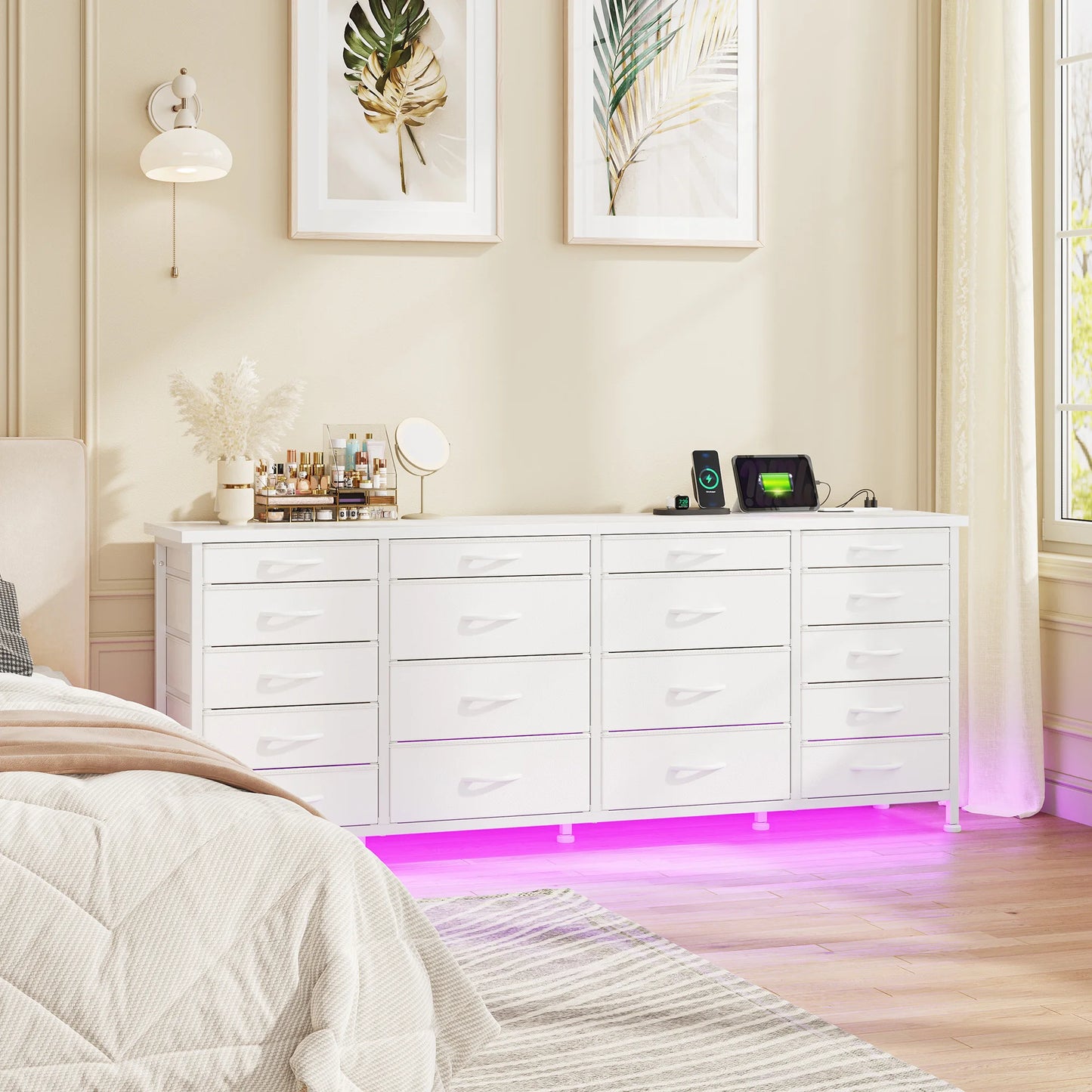 Large Capacity 63 Inch Dresser with 18 Deep Drawers LED Lighting and Built In Power Hub for Bedroom Living Room or Hallway