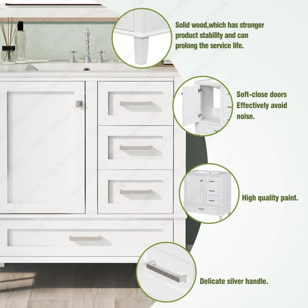 30" Bathroom Vanity with Sink Solid Wood Cabinet Waterproof Modern Storage with 3 Drawers Soft Close Door Sink Vanity Combo Set