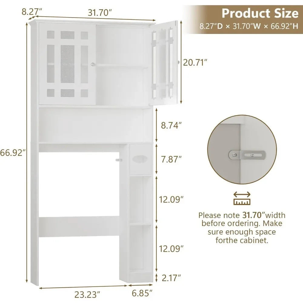 Freestanding Toilet-Top Storage Cabinet with 2 Glass Doors and Adjustable Shelves