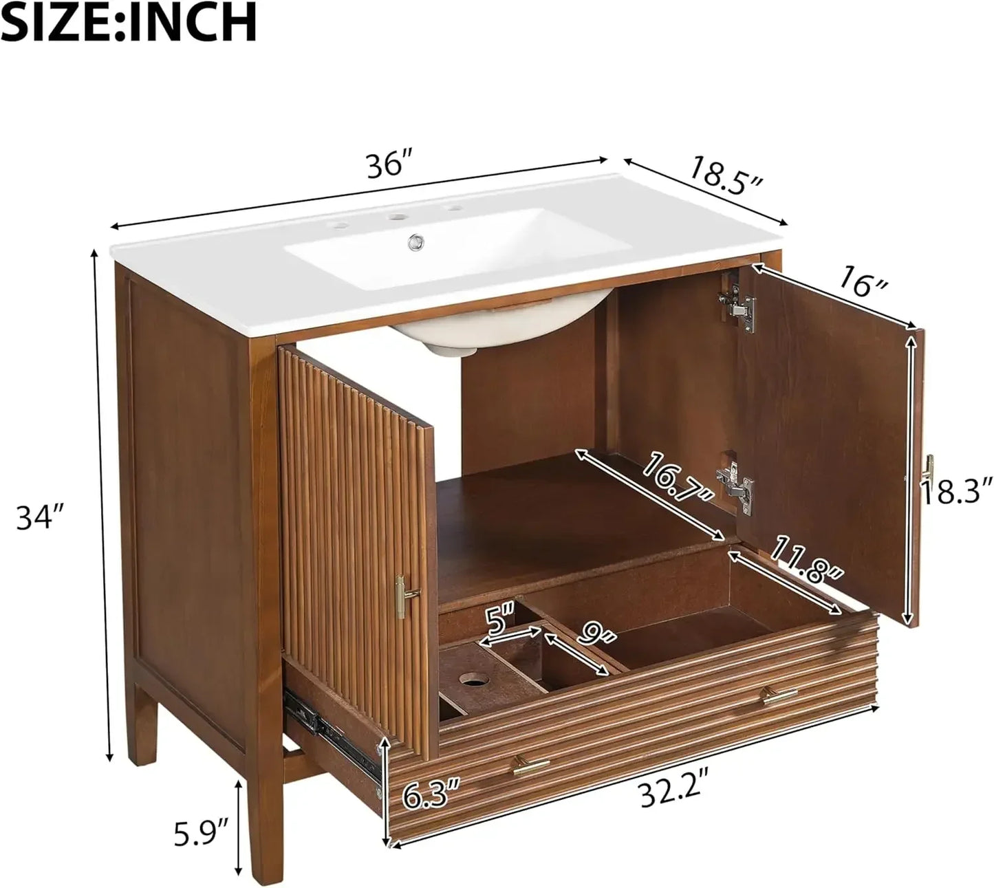 BestsellerBestseller Single Vanity, Bathroom Vanity with Ceramic Sink, Divided Drawer & Dual-Door Storage, Soft-Close, Waln